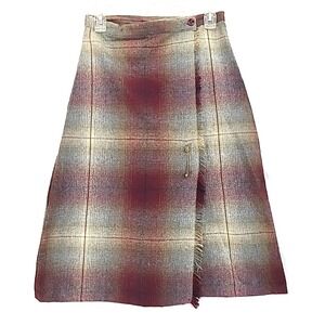 Vintage Wool Tartan Scotch Plaid Wrap Skirt Womens M 9 10 Safety Pin Closure